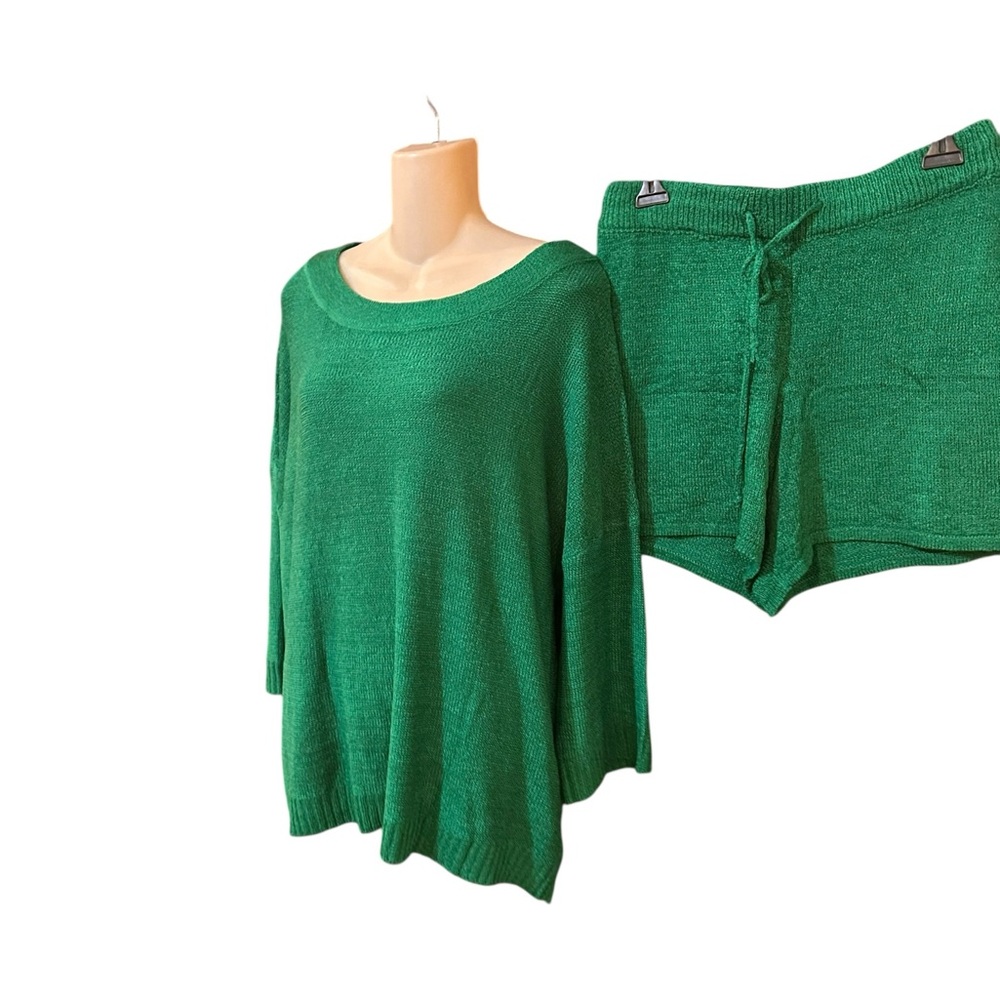 New‎ Two Piece Solid Set Top Shorts Tie Waist Adjustable Green - Picture 6 of 8